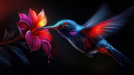 Obraz premium fantasy hummingbird with deep red veins, intricate patterns of dark hues, neon paint dripping off the leaves 