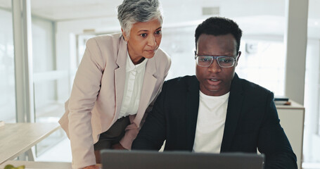 Laptop, business people and mentor training intern, help and advice for project feedback with team...