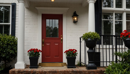 A red door on a white house porch with potted plants. Dark-colored planters