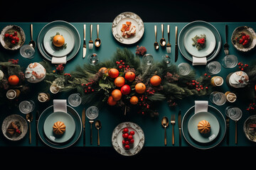 Obraz premium Beautifully arranged holiday dining table featuring array of fruits, desserts, and elegant dishware. Dark background enhances festive decor and creates warm atmosphere.