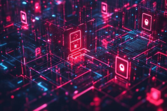 A visual representation a deep web security system, where AI scans and blocks hidden threats from malicious users trying to access the dark web. 