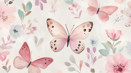 Butterflies fluttering among pastel flowers on a soft background  