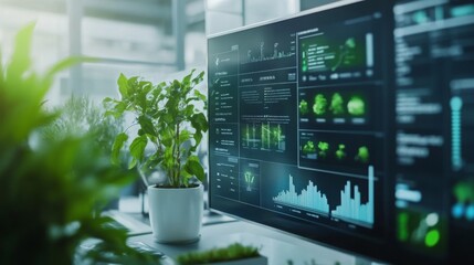 A workspace features a computer monitor displaying graphs and analytics related to sustainable finance.