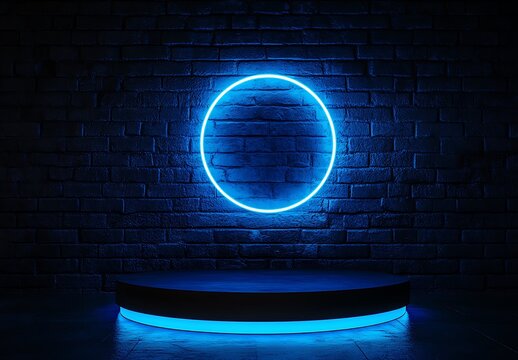 An empty podium with a neon light ring, dark brick wall background, and a blue round glowing platform stand for showcasing a product in a clean mockup scene - Powered by Adobe
