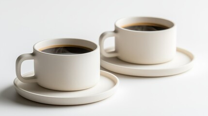 Minimalist Coffee Cups with Steam Rising Against White Background