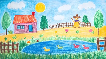 A cheerful kids drawing of a farmyard with ducks in a pond and a scarecrow in a field.