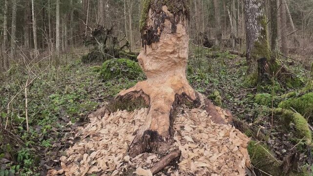 Wildlife concept tree gnawed by beaver for building dam in forest spring time