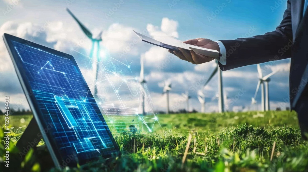 Aufkleber A business professional examines sustainable finance strategies using AI technology in a green field with wind turbines. The setting highlights innovation in environmental and financial practices.