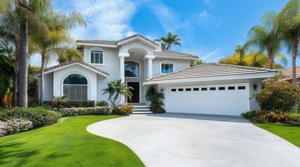 Fototapeta premium two story california house model with palm trees, new home concept, copy space 