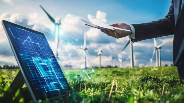 A business professional examines sustainable finance strategies using AI technology in a green field with wind turbines. The setting highlights innovation in environmental and financial practices.