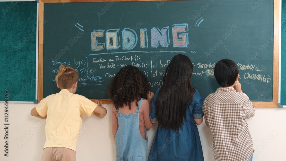Poster back view of multicultural student writing engineering prompt at blackboard. student sharing idea ab