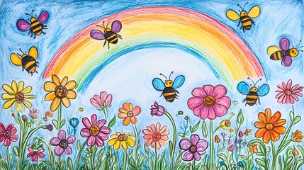 A colorful drawing of a garden with bees buzzing around flowers and a rainbow above.