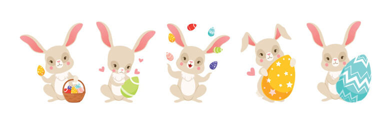 Fototapeta premium Cute Bunny with Easter Decorated Egg Shell Vector Set