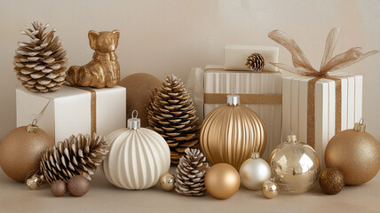 gold and white Christmas Flat Lay mockup background product photography with presents, pine cones, christmas balls
