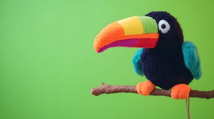 Fototapeta premium A colorful portrait of a plush toucan with a rainbow beak sitting on a branch against a bright green background.