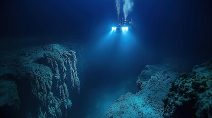 Deep sea exploration submarine illuminating underwater canyon.