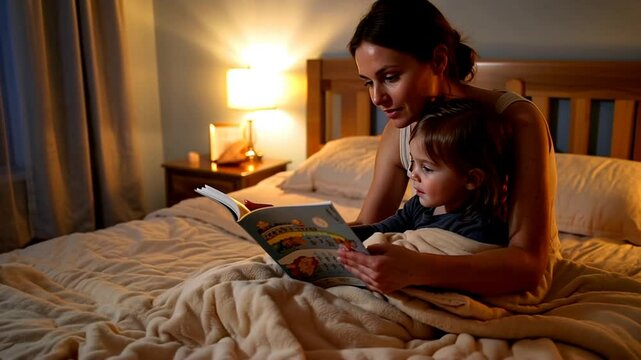 Mom and child reading a story together with warm expression in cozy bedroom
