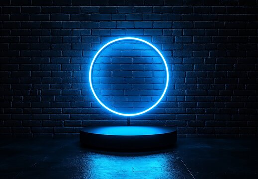 A product display mockup featuring an empty podium with a neon light ring on a dark brick wall, with a blue round glowing platform stand in the center - Powered by Adobe
