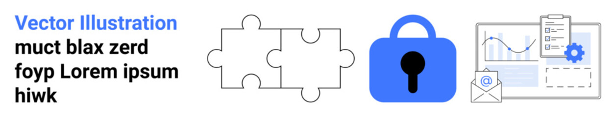 Puzzle pieces, security lock, and document with gear icon and analytics chart. Ideal for business strategy, data security, document management, software development, project planning