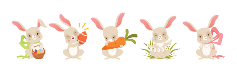 Cute Bunny with Easter Decorated Egg Shell Vector Set