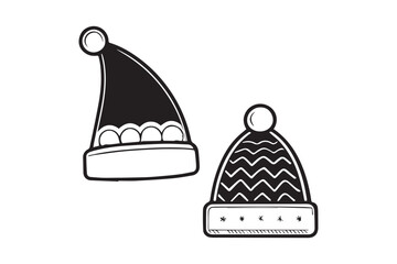 Black and White Winter Hats Illustration - Santa Hat and Knitted Beanie