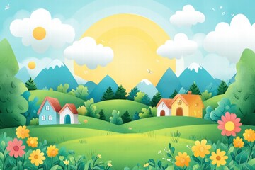 Fototapeta premium Colorful kids printable background with mountains, sunshine, and vibrant flowers in a serene landscape