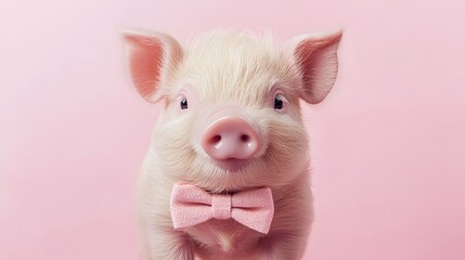 A cute portrait of a plush piglet wearing a tiny bowtie set against a soft pastel pink background.