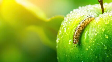 Dew-covered green apple with millipede.