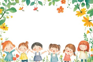 Printable background featuring cheerful kids with flowers and a bright design for creative projects