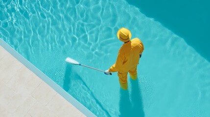 Pool Cleaning Service Aerial View - Clean pool, worker in yellow, sunny day, clear water, professional maintenance.  Summer vibes.