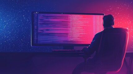 A person sits in front of a glowing monitor displaying code, surrounded by a vibrant, colorful background that suggests a digital or futuristic theme.