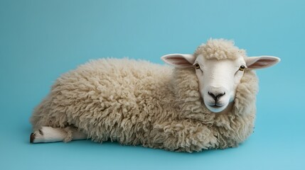 A dreamy portrait of a plush sheep with cloud-like fur lying against a sky-blue background.
