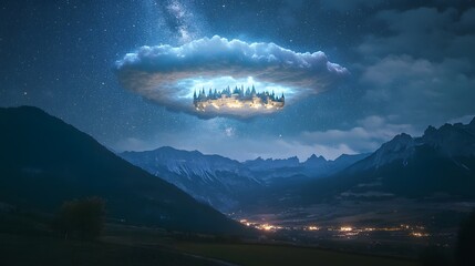 A floating castle suspended on a glowing cloud above a starry landscape.