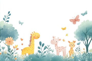 Obraz premium Colorful kids printable background featuring cute animals and cheerful nature elements for creative activities