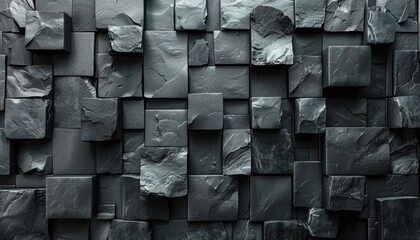 A black and gray wall made of stone blocks