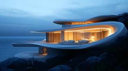 A futuristic luxury house with smooth flowing curves and illuminated terraces overlooking the ocean.