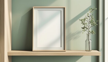 Modern digital frame mockup with greenery on wooden shelf for interior design concepts