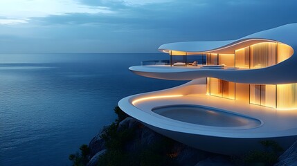 A futuristic luxury house with smooth flowing curves and illuminated terraces overlooking the ocean.