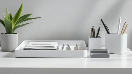 Minimalist white desk organizer with plant.