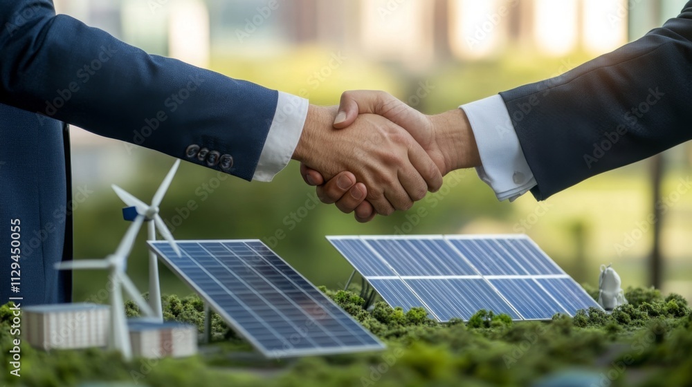 Poster two professionals shake hands over a model showcasing solar panels and wind turbines, representing c