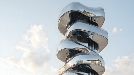 A futuristic luxury tower with spiral balconies and a sleek silver finish rising against the sky.