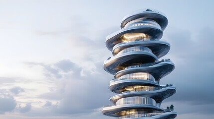 A futuristic luxury tower with spiral balconies and a sleek silver finish rising against the sky.