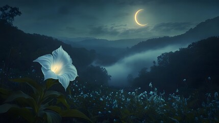 A giant glowing moonflower blooming in a misty valley under a crescent moon.