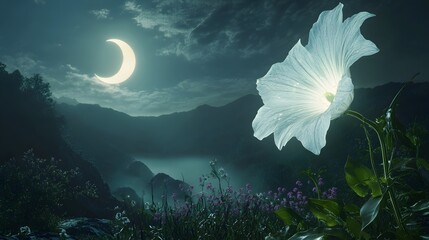 A giant glowing moonflower blooming in a misty valley under a crescent moon.