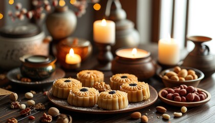 Traditional festive table setting with mooncakes and candlelight
