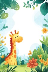 Cute giraffe standing among playful flowers and lush greenery, ideal for children's activities