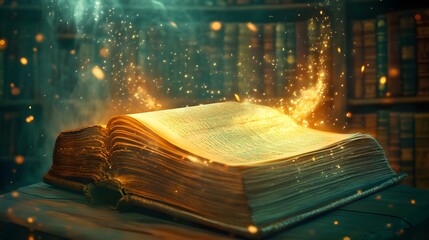 A glowing ancient tome levitating in a wizards library surrounded by swirling light.