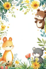 Naklejka premium Colorful kids printable background featuring adorable animals among flowers and greenery