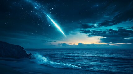 A glowing comet descending into a magical ocean casting vibrant light across the waves.