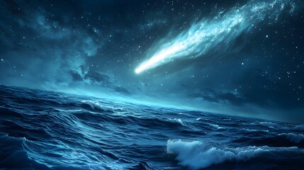 A glowing comet descending into a magical ocean casting vibrant light across the waves.